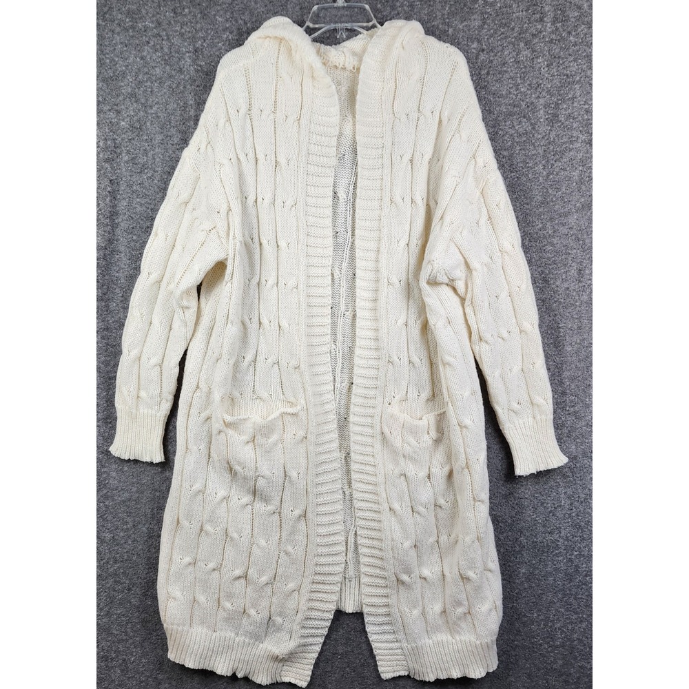 Shein Curve Hooded Cable Knit Cardigan Women 3XL Cream Longline Pockets
